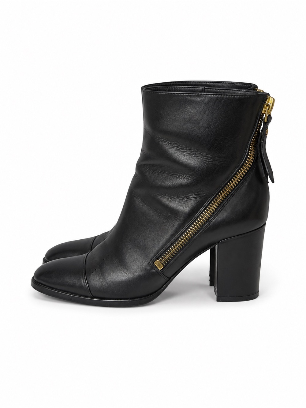 Donna Karan New York black leather Ankle Boots Size 7M Block Heel Gold Zipper